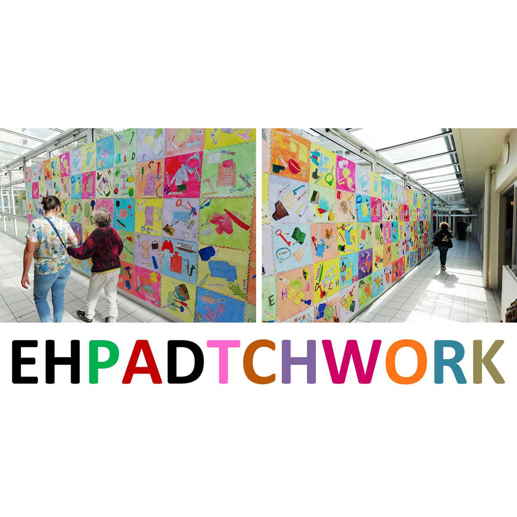 Projet EHPADTCHWORK. Partenariat inter-ehpad. Installation : 100 compositions. H.2m50, L.10m.